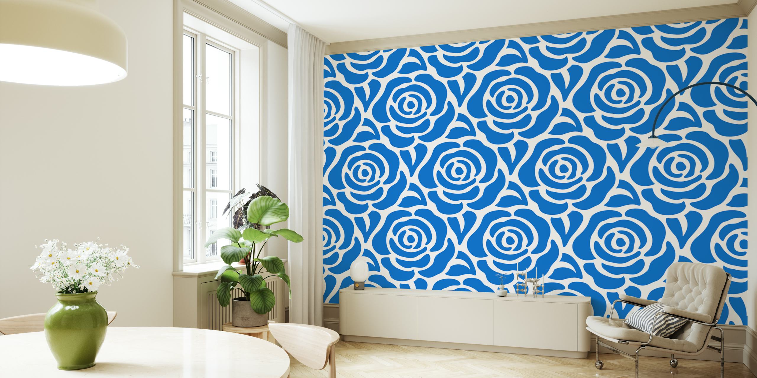 Blooming roses pattern wallpaper in room
